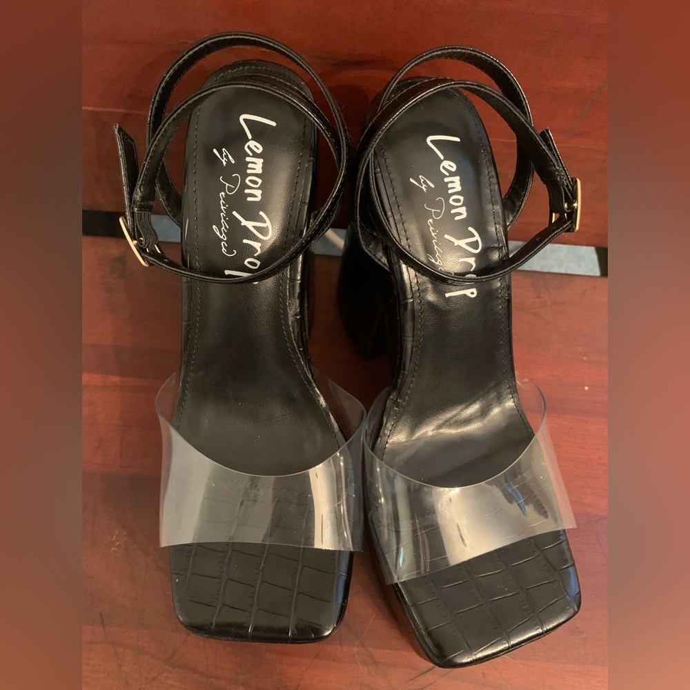 NWT Lemon Drop Black and clear platform heels
